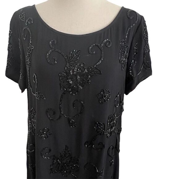 Vintage Liz Claiborne Black Beaded Short Sleeve Cocktail Evening Dress Size 8 - Picture 2 of 8
